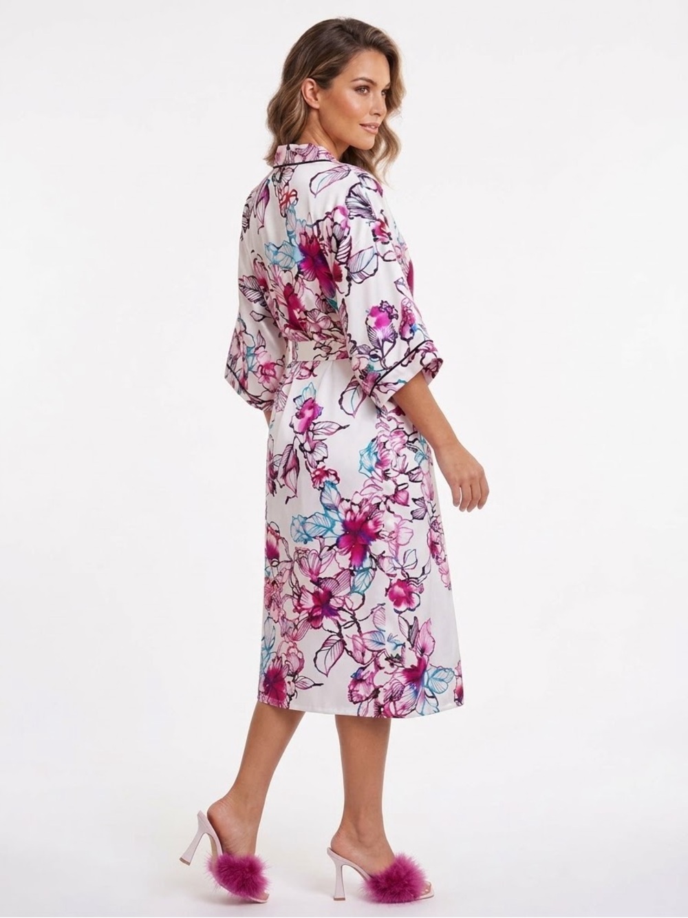 Natori Women Floral Satin Kimono Robe Belted Midi Lounge Duster Wrap Small